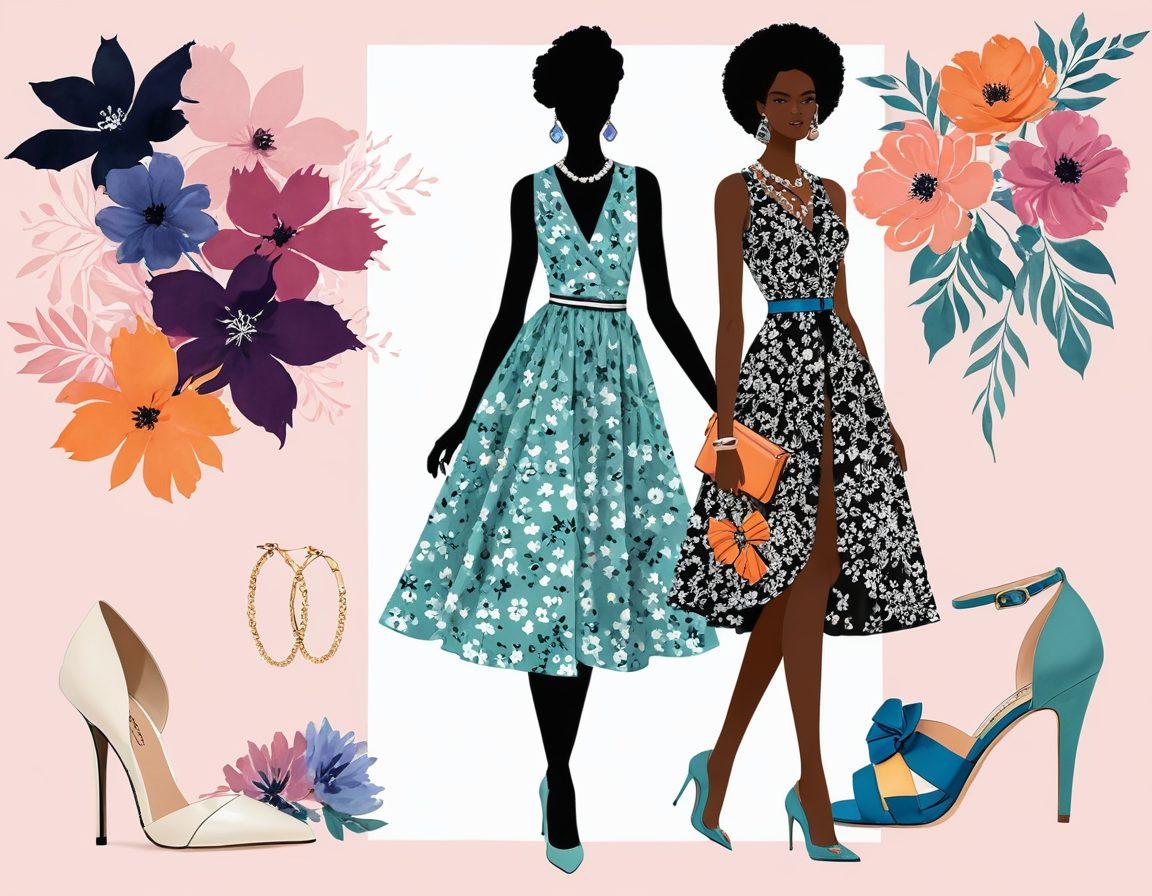 An elegant female silhouette draped in chic, flirty outfits surrounded by vibrant accessories and stylish shoes, set against a soft pastel background. Include fashion sketches and swatches of fabric, emanating a sense of playful sophistication. Highlight a variety of textures and patterns to reflect diverse fashion insights. A touch of floral elements for femininity. super-realistic. vibrant colors. pastel background.
